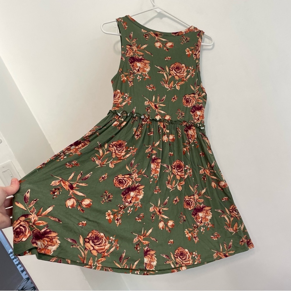 LILY ROSE Olive Green Peach Orange Floral Ruffle Sleeveless Mini Fit Flare Dress - Picture 12 of 12